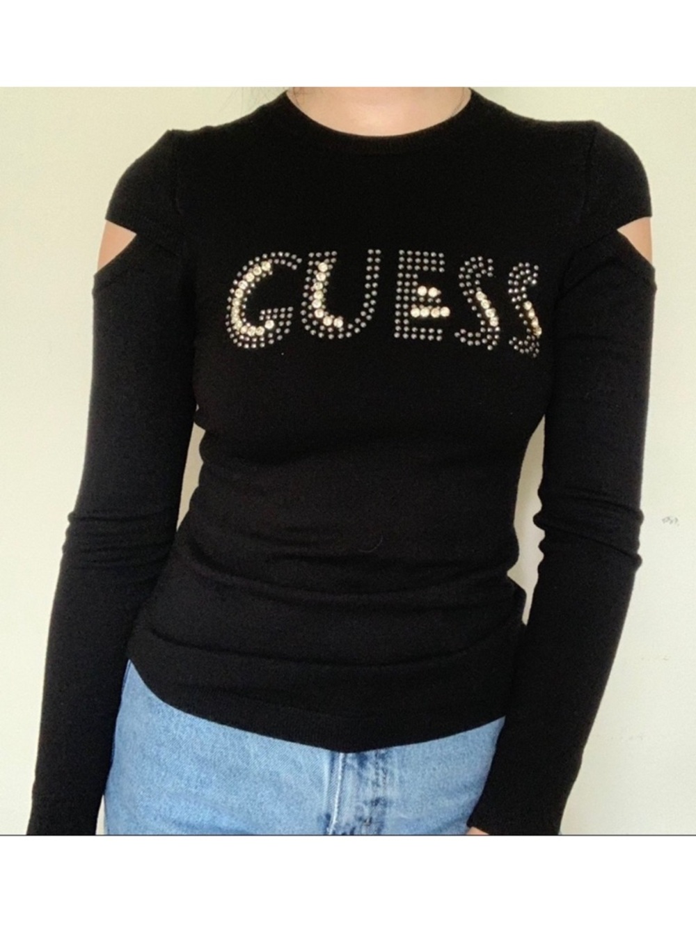 NWT Guess Long Sleeve Black Lightweight Sweater Open Shoulder Rhinestone